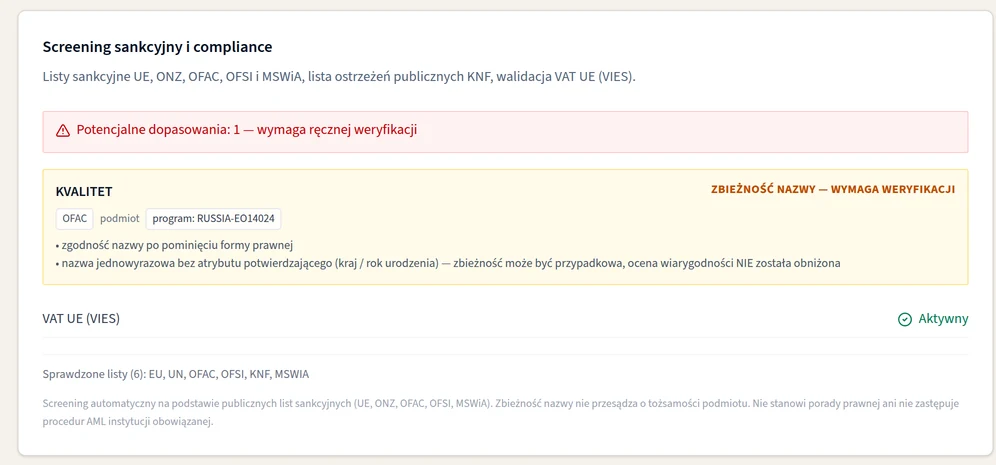 Fragment raportu: sekcja screeningu sankcyjnego z listą sprawdzonych źródeł